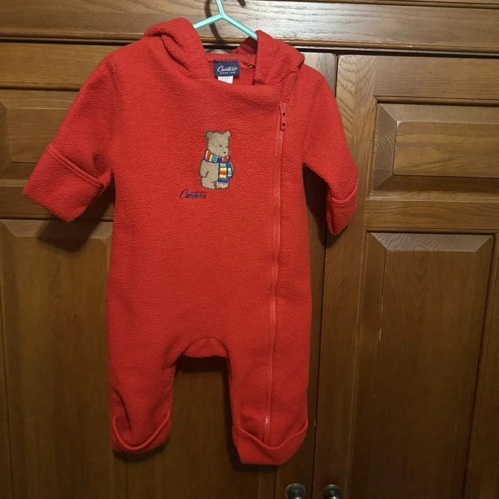 VTG Carter's Red Pram Suit 0-6 Month Warm Fleece Fold-Over Hands Feet Christmas